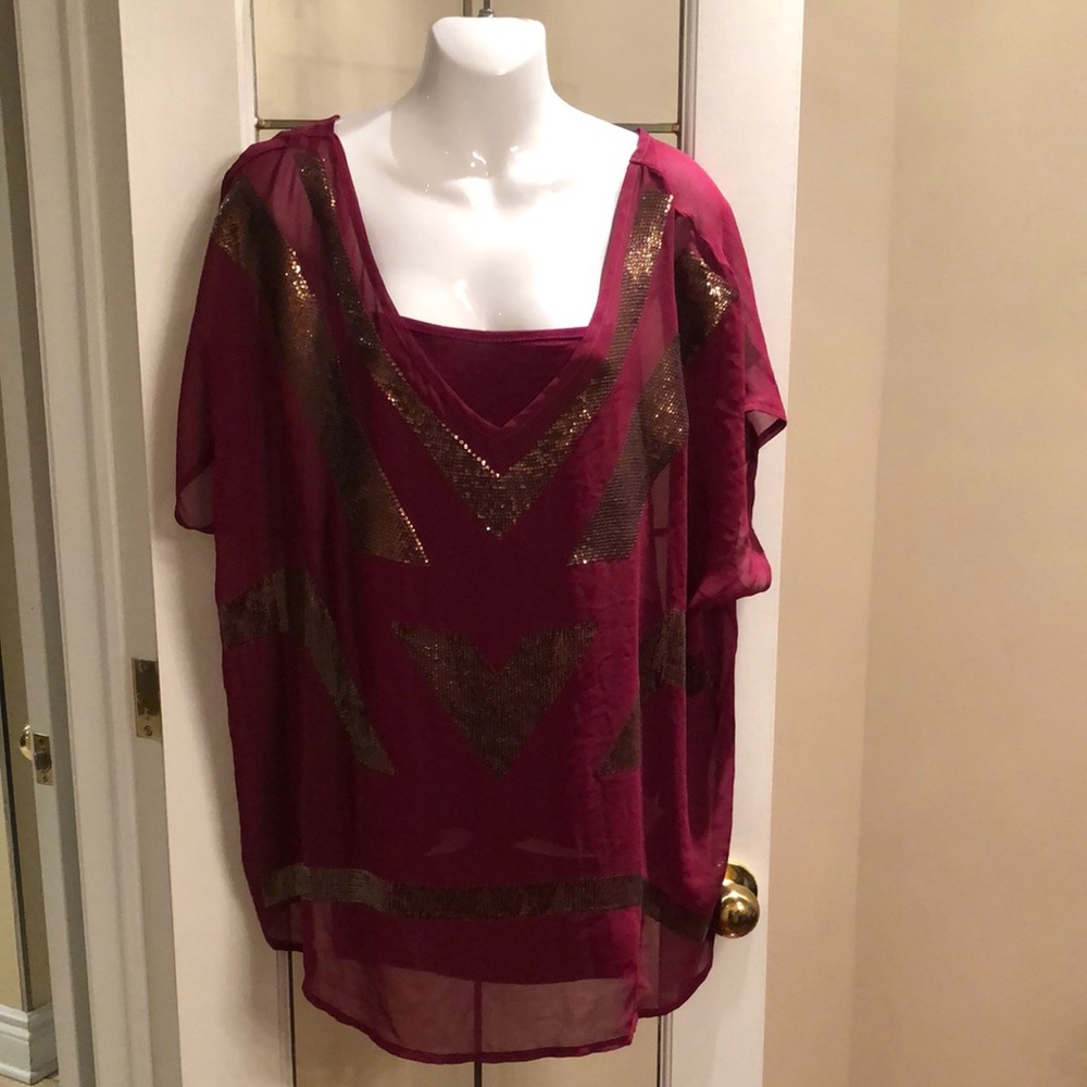 Sheer Burgundy V-Neck Women's Top with Metallic Chevron Accents
